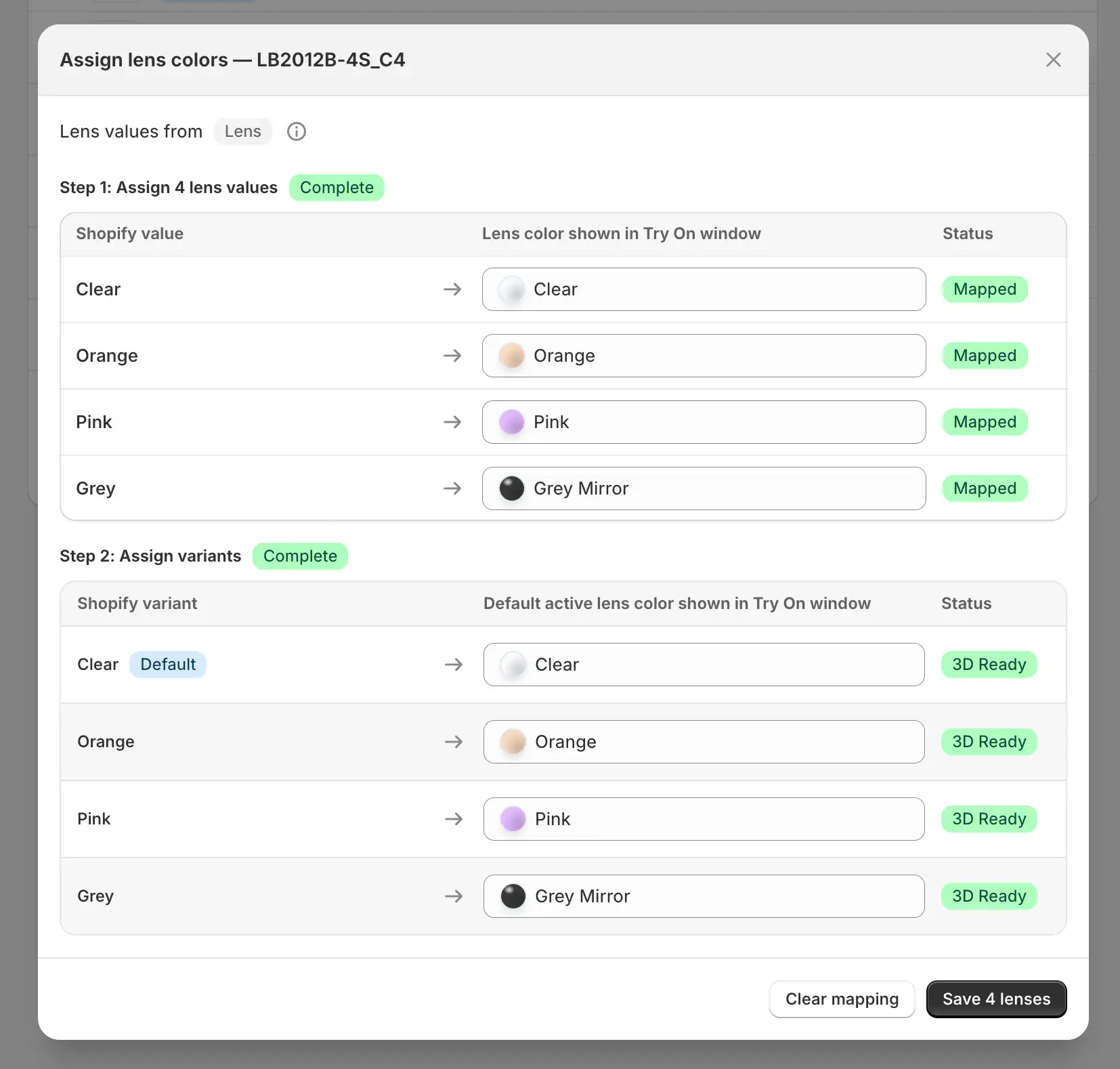 The Assign lens colors dialog mapping Shopify values to lens colors per variant