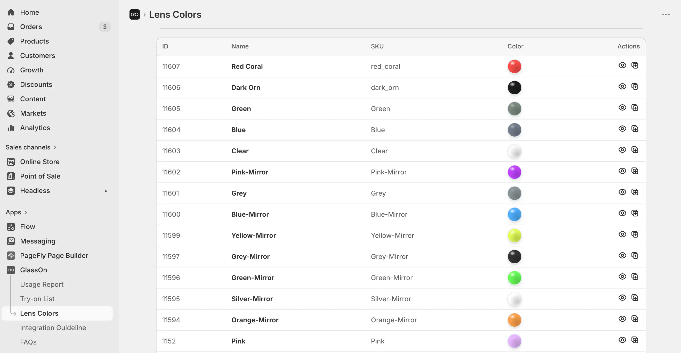 The Lens Colors library list in the GlassOn admin