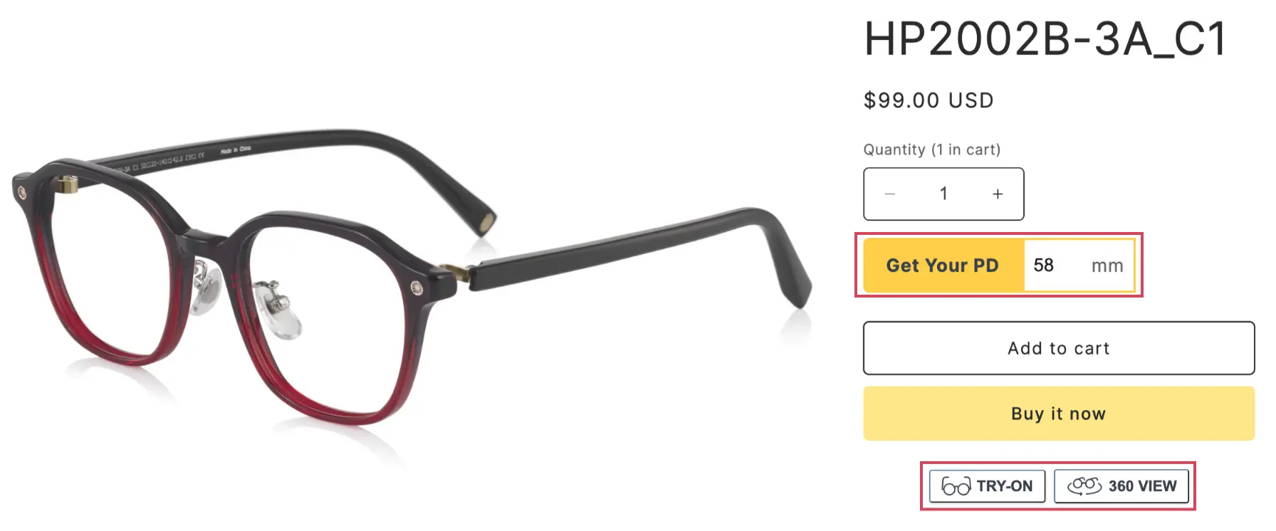 Product detail page with Try-On buttons (OS 2.0)