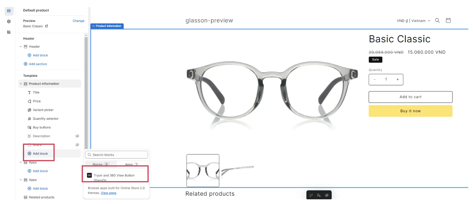 Theme editor — adding Tryon block to Product information